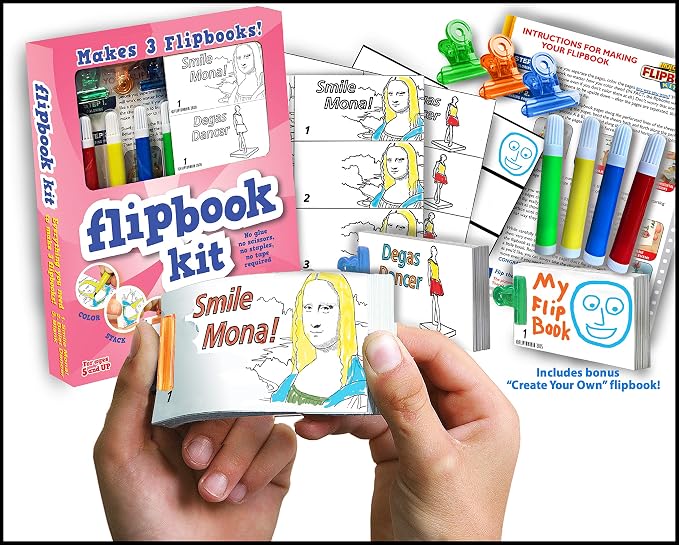 Fliptomania Flipbook Make-Your-Own Flip Book Kit for Kids 3 Pack, Mona Lisa, Degas Dancer , & Blank DIY Flipbook Paper, Drawing Kids Arts & Crafts Project Set, Arts and Crafts for Kids Ages 8-12