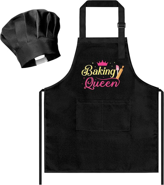 R HORSE Kid Apron and Chef Hat Set 2Pcs Adjustable Black Baking Queen Children Kitchen Apron, Dress up Role Play Chef Toy Funny Cooking Baking Painting and Training Kits for Girls Birthday Gift