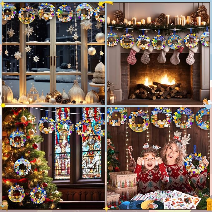 Hollowfly 48 Set Christmas Nativity DIY Wreath Craft Kits Xmas Activities | 8 Unique Jesus Nativity Scene Designs, Ideal Holy Night Decor, Sunday School Crafts & Christmas Religious Party Favors