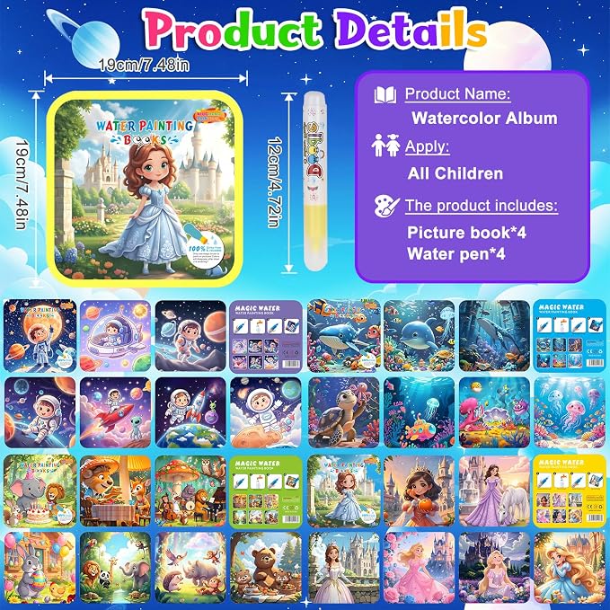 Bresdim Water Coloring Book, 4 Pack Water Painting Books for Toddlers 1-3 | Reusable Fairy Tale Animal Mess Free Coloring Book with Water Pen, Magic Paint with Water Book Travel Toy for Kid 3–6