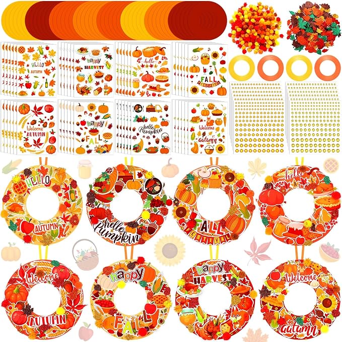 Hollowfly 48 Sets Fall Wreath Craft Kits, DIY Paper Crafts with Stickers | Thanksgiving Party Decor, Autumn Hanging Ornaments, Back to School Activities for Kids, Classroom Projects with Stickers