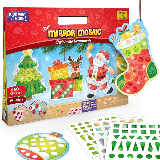 Imagimake Mirror Mosaic - Christmas, 10 Templates, Foil Stickers | DIY Holiday Craft Activity for Kids, Screen-Free Creative Play, Christmas Gift for Girls & Boys Ages 3,4,5,6,7,8 Years Old