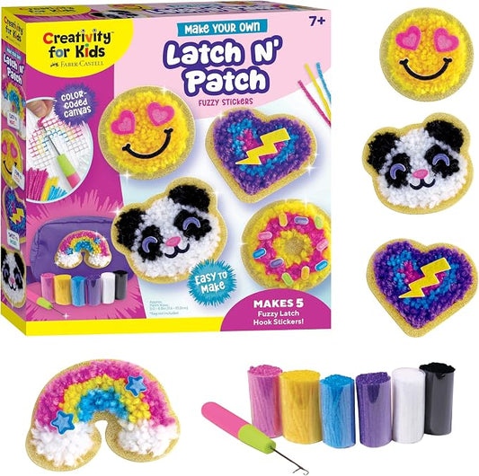 Creativity for Kids Make Your Own Latch N' Patch Fuzzy Stickers Kit | Assemble, Trim & Decorate 5 DIY Yarn Patches | Mess-Free Latch Hook Craft | Sleepover & Screen-Free Kids Activity (Ages 7+)