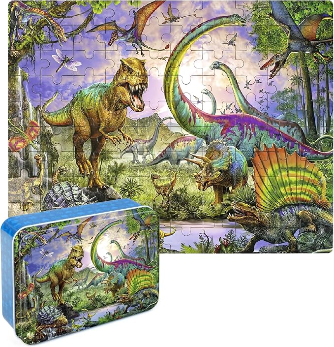 LELEMON Puzzles for Kids Ages 4-6,100 Piece Puzzles for Kids in Metal Box | Dinosaur Educational Kids Puzzles Jigsaw Puzzles,Children 100 Piece Puzzle Games Puzzle Toys for Girls and Boys