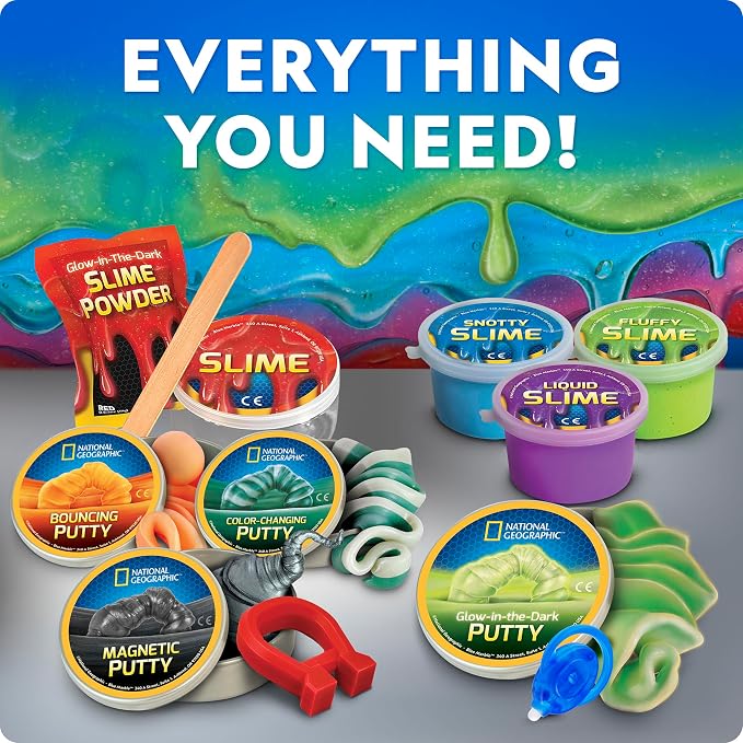 NATIONAL GEOGRAPHIC Mega Slime Kit & Putty Lab - 4 Types of Slime Plus 4 Types of Putty Including Magnetic, Slime Kit for Boys and Girls, Sensory Toy & Science Kit | 4 Slimes and 4 Putties, Magnetic and Glow-in-the-Dark Varieties, Science Toy for Kids,...