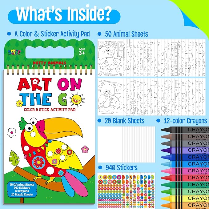 SpriteGru Road Trip Coloring Kit, 50 Coloring Pages with 940 Decorative Stickers & 12 Crayons, Mess-Free Travel Sticker Collage Activity DIY Dotty Animals Travel Art Craft Kit for Kids, Toddlers