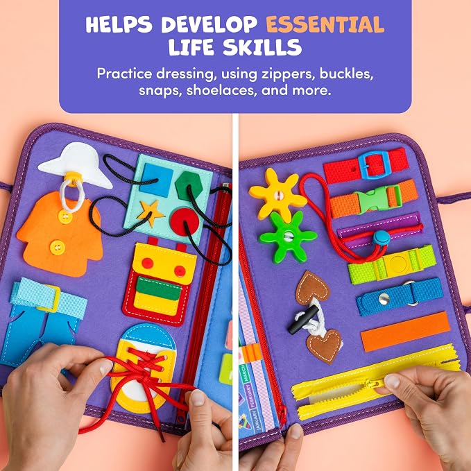 Busy Book for Toddlers & Babies 1-3 Year Old, Montessori Learning Toy Board | Sensory felt activity book, portable for car & airplane travel play, calming, screen-free, quiet light table toy, gift