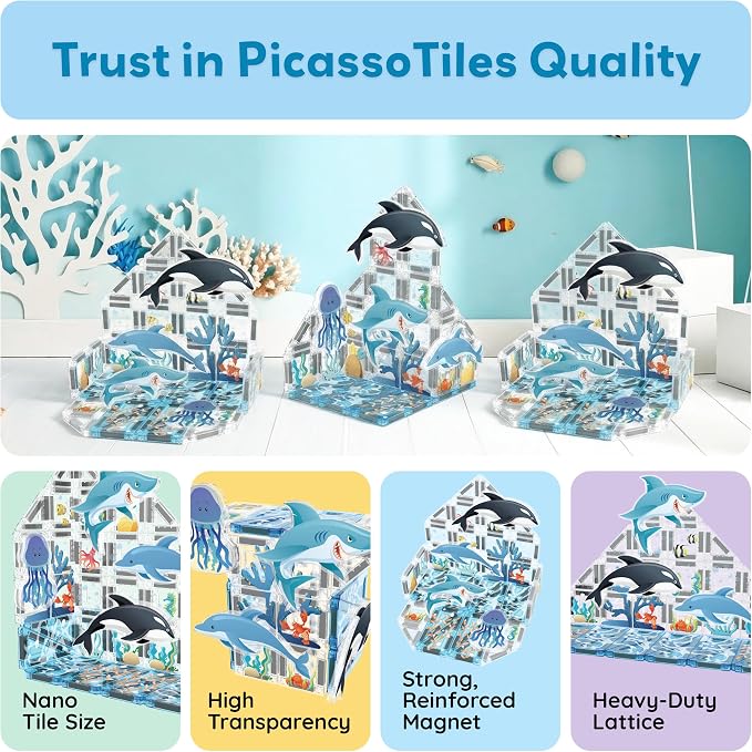 PicassoTiles Magnetic Tiles Aquarium Marine Animal Nano Construction Travel Set with Tin Storage Case Montessori Mini Magnet Tile Traveling STEM Activity Kit Early Learning Boys Girls Ages 3+ PNQ01