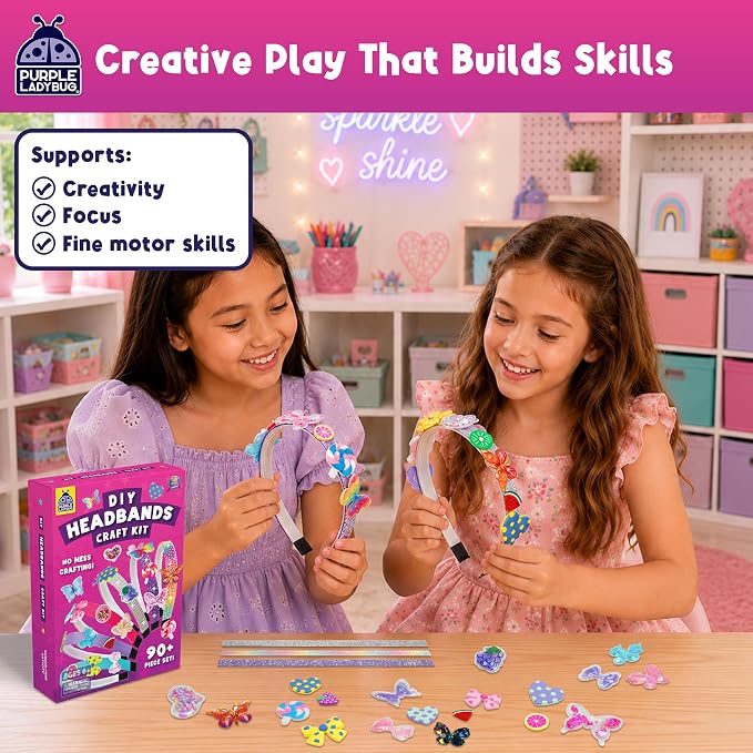 Glamour Headband Making Kit for Girls Ages 5+, Mess-Free Playdate Activity | DIY Craft Kit with 6 Satin Headbands for Girls, Easy to Make, Screen-Free Activity, Birthday Gifts for 5 Years Old Girls