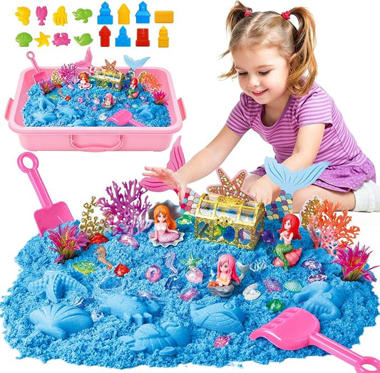 Pakimio Mermaid Sensory Sand Kit for Kids, Complete Sensory Bin with Lid | 2.64lbs Magic Sand, Mermaid Figures & Ocean Molds, STEM Montessori Sensory Toys for Kids 3-8, Girl Christmas Birthday Gifts
