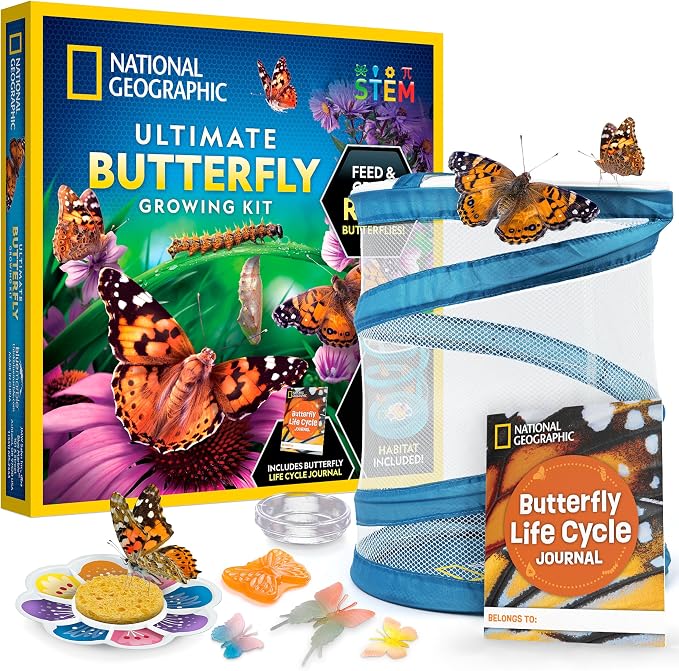 National Geographic Ultimate Butterfly Growing Habitat Kit for Kids | Voucher for 5 Caterpillars, Mesh Butterfly Habitat, Glow-in-the-Dark Figures, Metamorphosis Science, Outdoor Learning