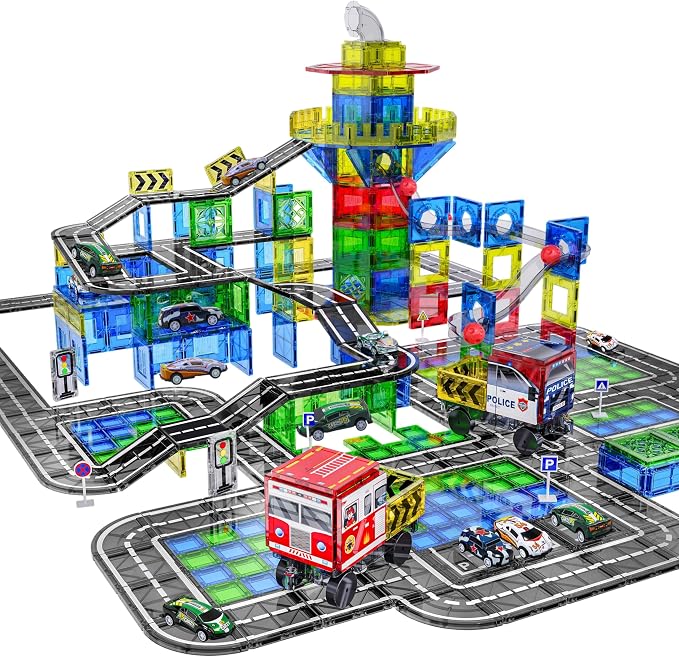 SKTMYY 150PCS Magnetic Tiles Road Set with Marble Run, Preschool Magnet Tiles Included Magnetic Cars. STEM Magnetic Tiles for Kids, Preschool Educational Building Toys for Boys & Girls
