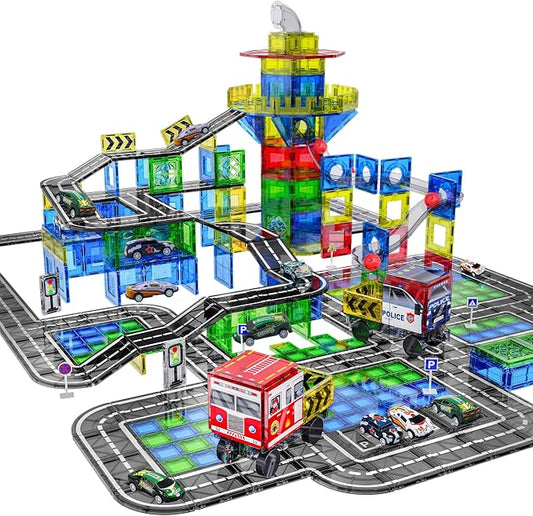 SKTMYY 150PCS Magnetic Tiles Road Set with Marble Run, Preschool Magnet Tiles Included Magnetic Cars. STEM Magnetic Tiles for Kids, Preschool Educational Building Toys for Boys & Girls