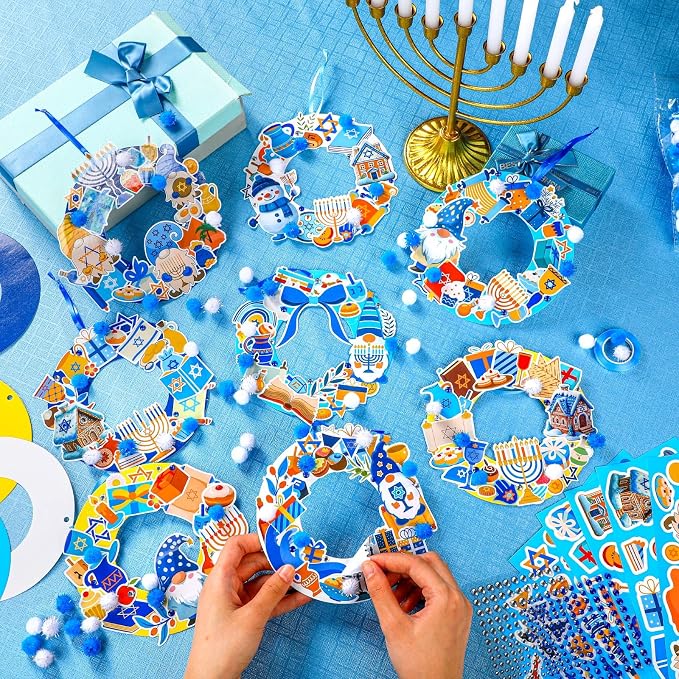 Hollowfly 48 Sets Hanukkah Wreath Craft Kits DIY Menorah Ornaments | Make Your Own with Stickers, For Kids Classroom Party Activities, Hanukkah Themed Hanging Decor, Home Celebration