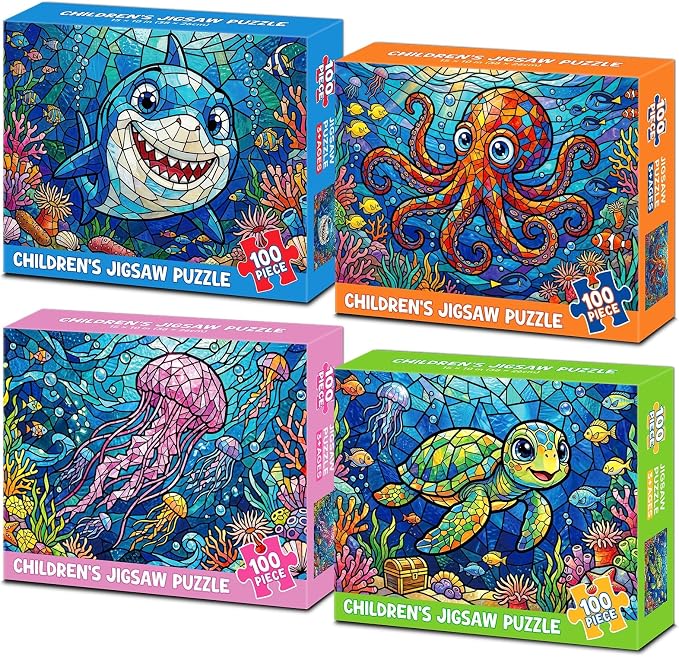 4-Pack 100 Piece Puzzles for Kids Ages 4-8 6-8 8-10, Shark Turtle Kids Puzzles Ages 4-6 5-8 8-10, Octopus Jellyfish Stained Glass Ocean Animal Puzzle 100 Pieces, Kids Jigsaw Puzzles Toys Gifts 15"x10"