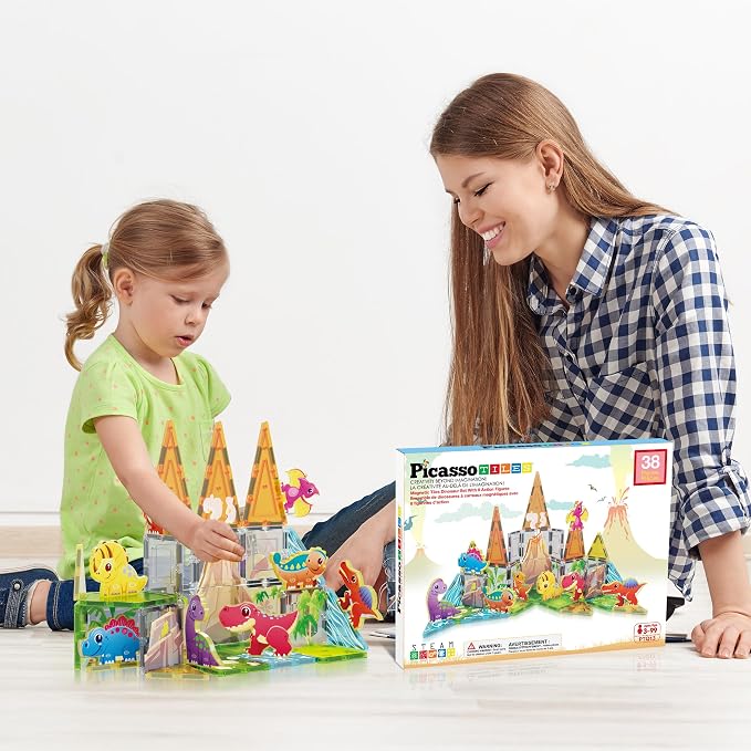 PicassoTiles Dinosaur Magnetic Tiles, STEM Building Blocks Toy Set Ages 3+ | 38 pieces, 8 action figures, vibrant Jurassic world, screen-free activity, color shape recognition, durable BPA-free plastic