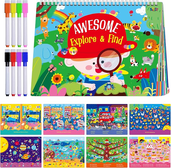 30 Dry Erase Activities Book, Reusable & Erasable Game Pad, Explore and Find Games Montessori Learning Tool Educational Autism Sensory Toys for Kids, Road Trip, Airplane, Travel (Markers Included)