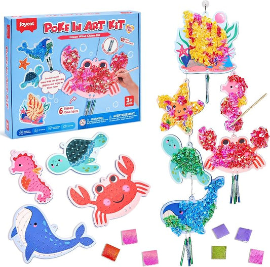 JoyCat Poke Art Wind Chime Craft Kit for Kids, 6 Ocean Figures | Poke colorful fabric into 6 ocean figures, then add chime pieces to create hanging room decor with gentle sound.