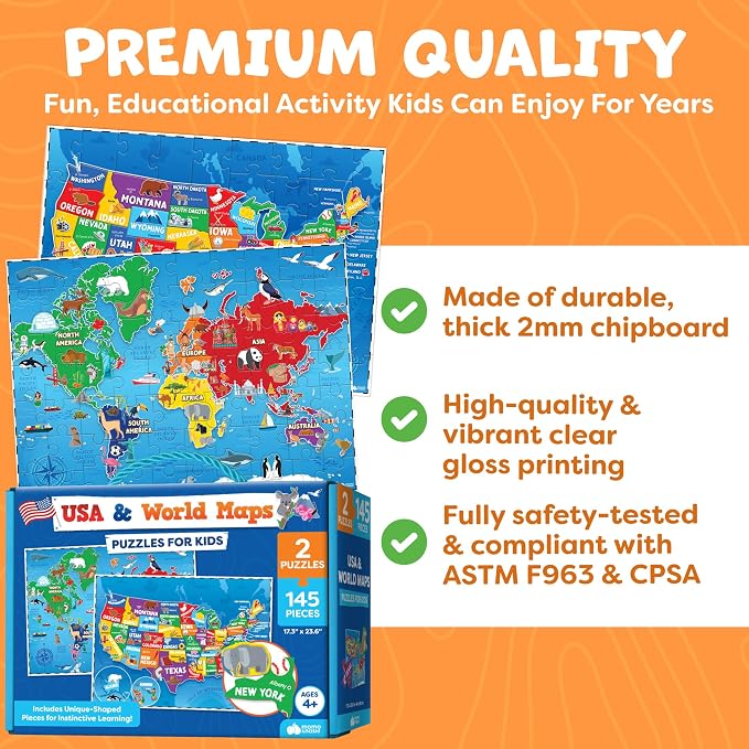 Puzzles for Kids Ages 4-6-8-145pcs World Map & United States Puzzle - Educational Toys for 4+ Year Old - Kids Puzzles Ages 5-8 - Puzzle Games for Kids Ages 5-8 - Gifts for 4 Year Old Girl, Boys