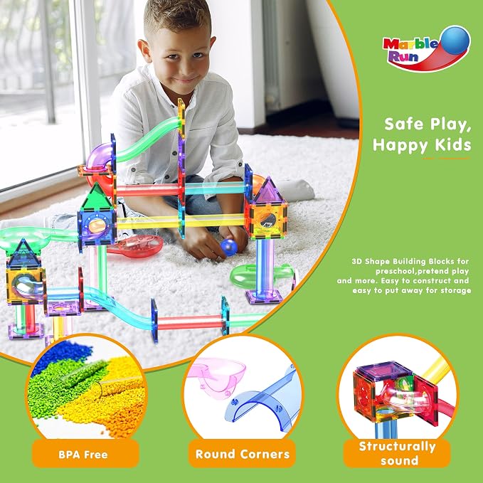 PicassoTiles 200 PCS Picasso Tiles Marble Run LED Race Track Set Ages 3+ | 193 translucent parts, 7 balls including 2 light-up, vertical & horizontal 3D builds, BPA-free ABS, fine motor & spatial play