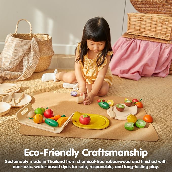 PlanToys® Wooden Assorted Vegetable Set Montessori Play Food for Toddlers | tomato, mushroom, shallot, pepper, cucumber, fruits and vegetables toys, girls, boys, fine motor role play social gift set