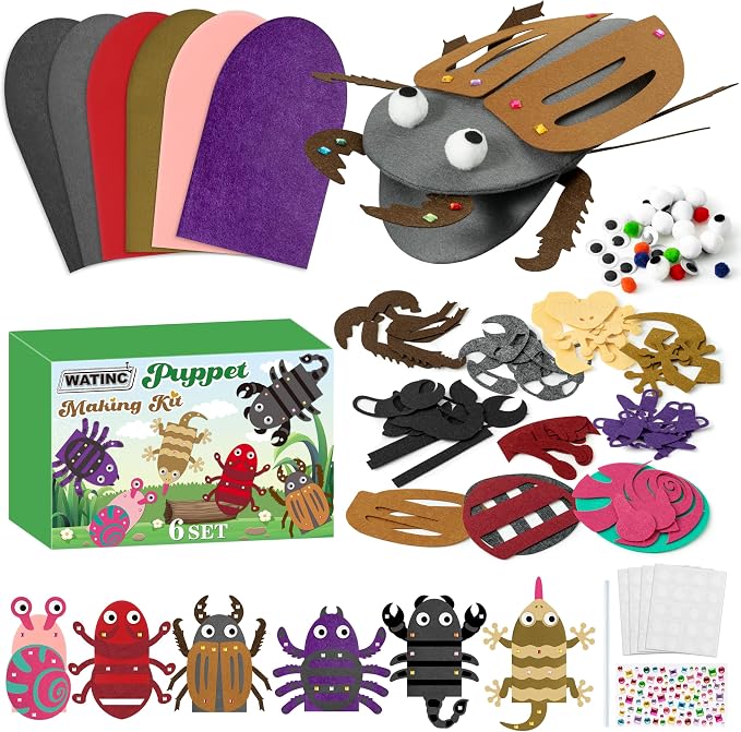 WATINC Hand Puppet Making Kit, Felt Sock Puppet Toys for Kids (Insect B) | 6 Styles, Make Your Own Storytelling & Role Play Crafts, Creative Group Activity, Party Favors & Gifts for Kids Ages 4-8