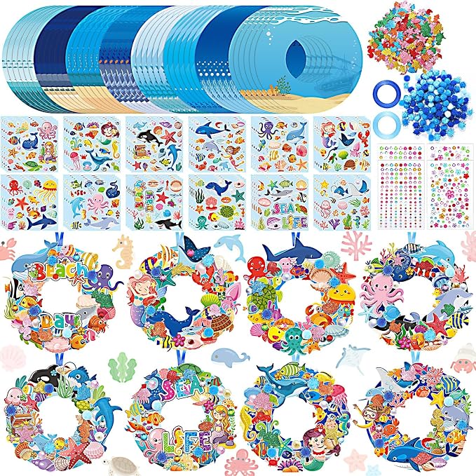 Hollowfly 48 Sets Under the Sea Craft Kits DIY Summer Ocean Wreaths | Hanging Paper Ornaments for Kids Party Favors, Ocean Animals Sea Creatures Stickers, Summer Beach Classroom Activities