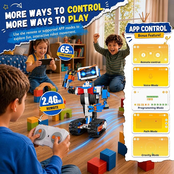 Robot Building Kit for Kids Ages 6-12, Remote Control STEM Coding Toy | 635-Piece Rechargeable Robot Kit, 5 APP Modes Control, Creative Programming, DIY Build Fun, Birthday gift for Boys and Girls