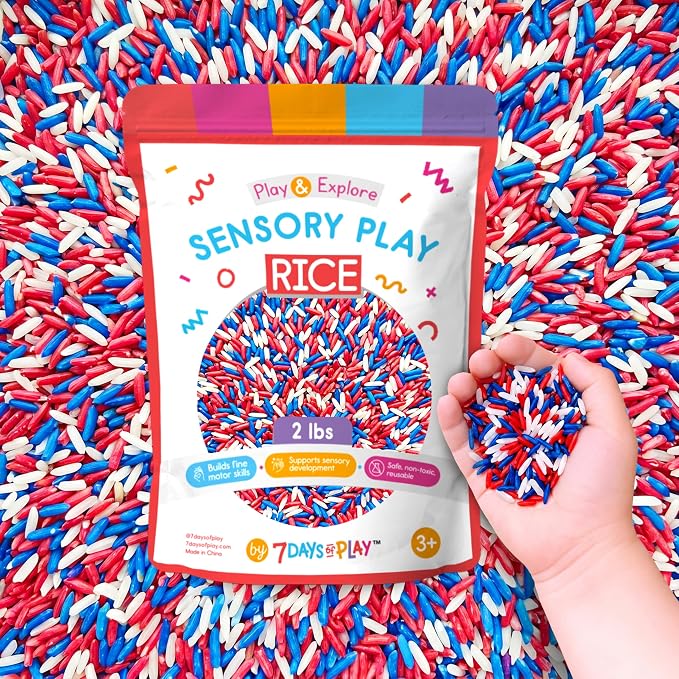 Red White and Blue Sensory Play Rice for Kids, 2 lbs – Patriotic Sensory Bin Filler for Scooping, Pouring, Sorting & Creative Play – Perfect for Sensory Tables and Fine Motor Play – Ages 3+