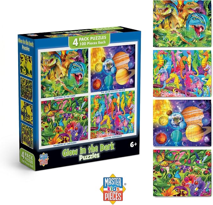 MasterPieces – Jigsaw Puzzle Set for Kids 6+ Years, 4-Pack of 100 Pieces, Educational and Fun Game, Blue Glow in The Dark Collection, Gift Idea for Children, 8" x 10