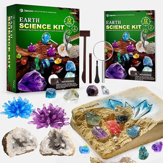 Japace Earth Science Kits for Kids Age 6-8-12-14, Birthstone Gems Dig Kit | Geology Kit with Break Your Own Geodes, Crystal Growing Experiment, Rock Mining Kit, Birthday Gifts Toys for Boys Girls