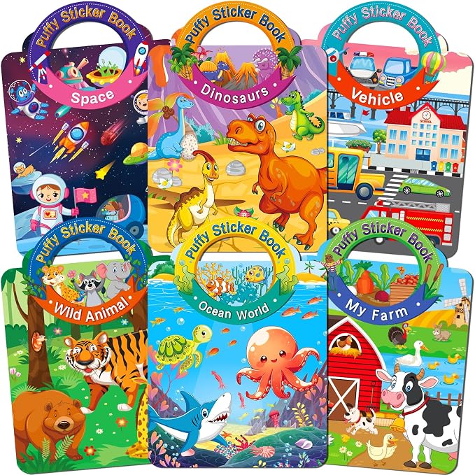 Elfew 6Pack Reusable Sticker Books for Toddlers 2-4 3-5 | 3D Puffy Stickers, 6 Themes, Waterproof, Mess-Free Sticker Activity Book, Travel Toys Birthday Gifts for Boys Girls