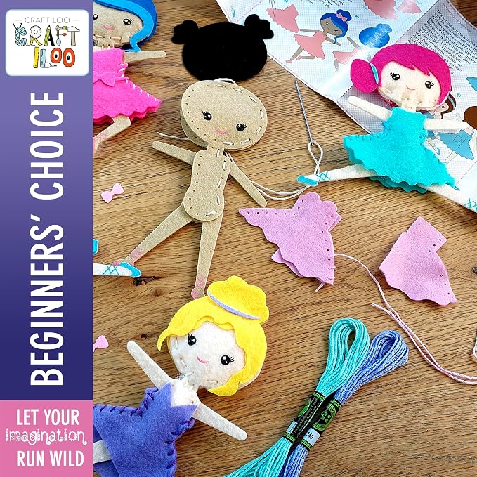 Ballerina Sewing Kit for Kids Ages 5-12 - 5 Felt Dancer Dolls, Beginner