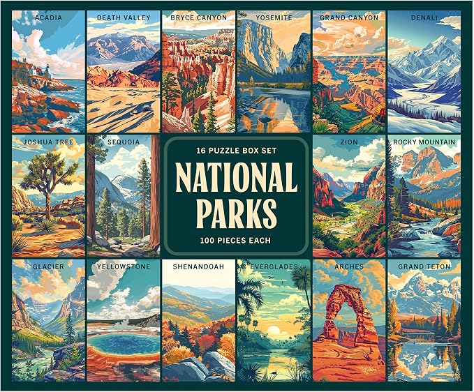 RoseArt - National Parks Jigsaw Puzzle Box Set - 16 Mini Puzzles, 100 Pieces Each - Colorful Puzzle Gift Set for Adults