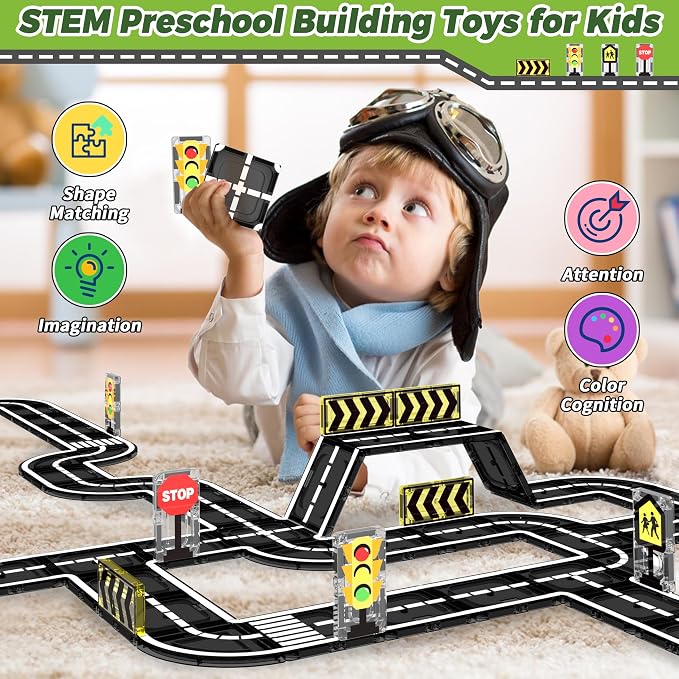 Goodtiles Magnetic Tiles Road Set, STEM Magnetic Building Blocks for Kids Ages 3-5 4-8 5-7, Preschool Learning Sensory Kids Toys for Kids Birthday