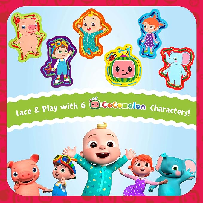 Cocomelon My First Lace Art- Wooden Cocomelon Tracing Activity- 6 Characters & 6 Laces Included- Fine Motor Development Toy for Toddlers & Preschoolers- Reusable Craft Kit-Gift for Boys Girls 3+