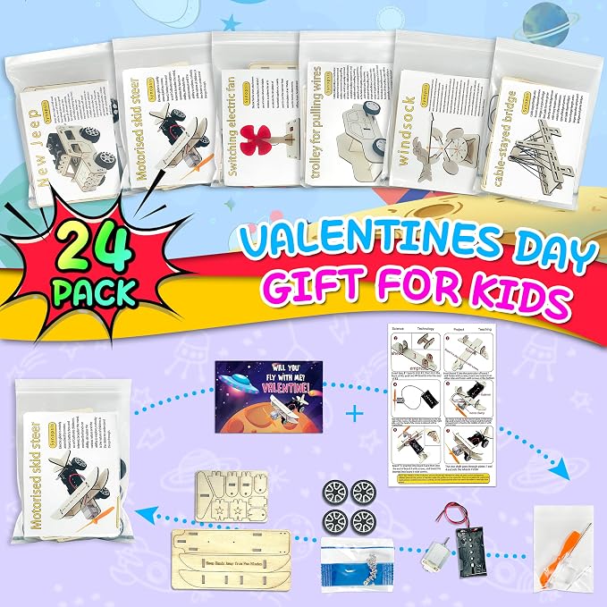 kortes Valentines Day Cards for Kids Classroom, 24 Pack Valentines Gift Cards with Stem Kits, Valentine's Party Favors Toys for Boys Girls and Valentine School Exchange Gifts Greeting Cards