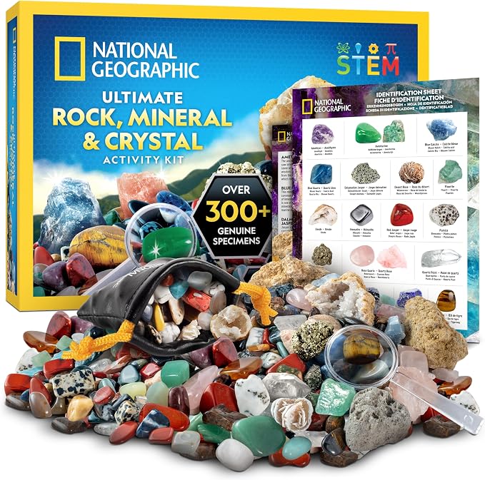 National Geographic Rock Collection with 300+ Gemstones and Minerals | Genuine Rocks, Minerals & Crystals, 2 Break-Open Geodes, Magnifying Glass, Storage Bag, Geology Gift, Birthday Gift
