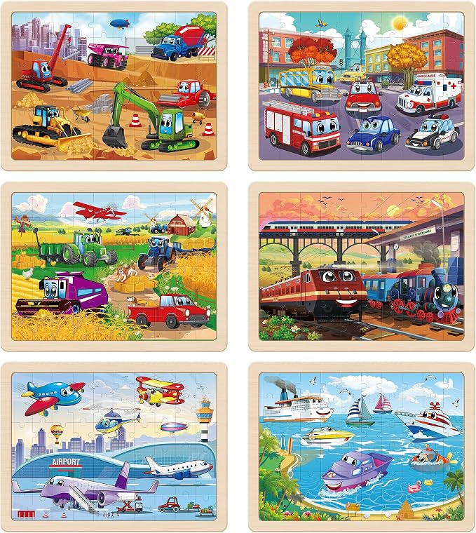 SYNARRY Wooden Vehicle Puzzles for Kids Ages 4-6, 6 Packs 60 PCs Jigsaw Puzzles Preschool Educational Toys Gifts for Children Ages 4-8, Kids Toys Gifts for 4+ Year Olds Boys Girls | 6-Pack Puzzles for Kids Ages 4-6, Puzzles for Kids Ages 6-8, Screen-Fr...