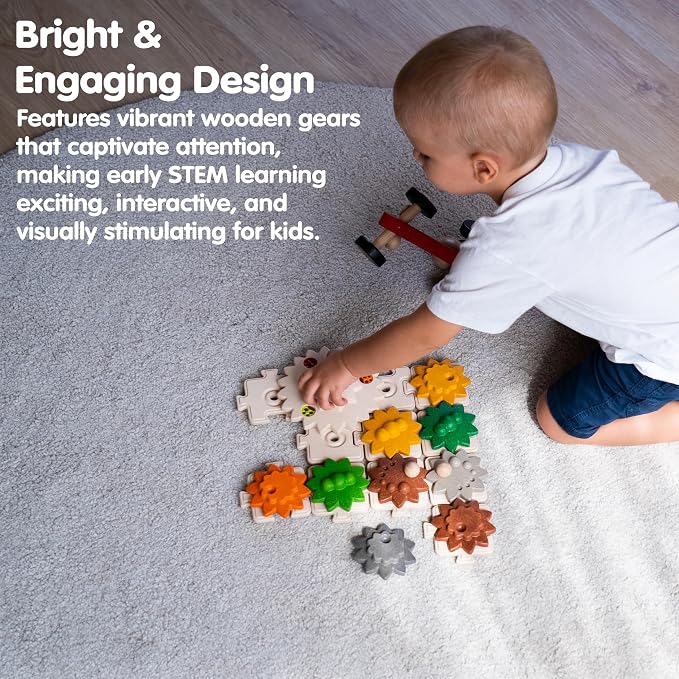 PlanToys® Wooden Gears & Puzzles Set Montessori STEM Kids Educational Toy | rotating parts, cause and effect toys, construction toys, girls, boys, logical thinking fine motor learning gift set fun