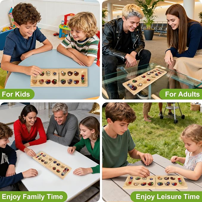 Offelec Mancala Board Game Set, Wooden Folding Board with 48 Colorful Glass Stones | Portable Travel Games for Adults | Classic 2 Player Strategy Game for Family Night
