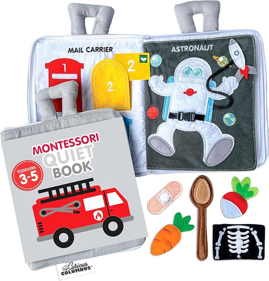 Curious Columbus When I Grow Up Quiet Book, Fabric Busy Book for Travel | 10 Interactive Pages, Astronaut, Firefighter, Chef and Farmer Roles, Snap Fasteners, Book Zips Closed with Carry Handles