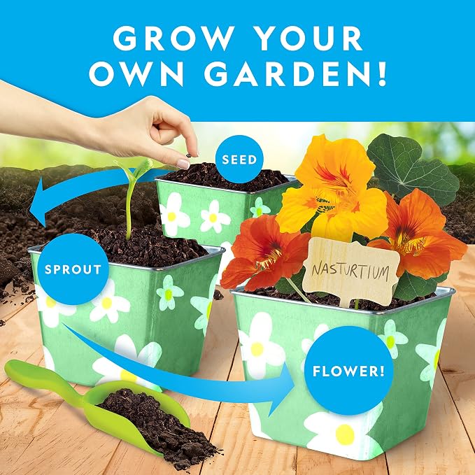 National Geographic Flower and Herb Gardening Activity Kit for Kids | 3 Stainless Steel Pots, Paint and Stickers, Flower and Herb Seeds, Plant Growing, Outdoor Learning, Craft Activity