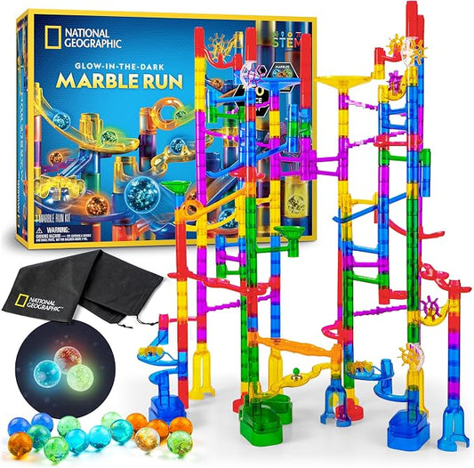 NATIONAL GEOGRAPHIC Glowing Marble Run – 150 Piece Construction Set with 30 Glow in the Dark Glass Marbles & Storage Bag, STEM Gifts for Boys and Girls, Building Project Toy (Amazon Exclusive) | 30 Glass Marbles, Smooth-Run Tubes, Action Pieces, Marble...