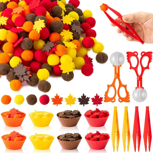 EZdhuawuse Fall Sensory Bin Fillers - 294P Fall Thanksgiving Fine Motor Toys Counting Sorting Set for Kids Autumn Counting Toy with Felt Maple Leaf Pom Poms Cup Clip for Preschool Education Activities