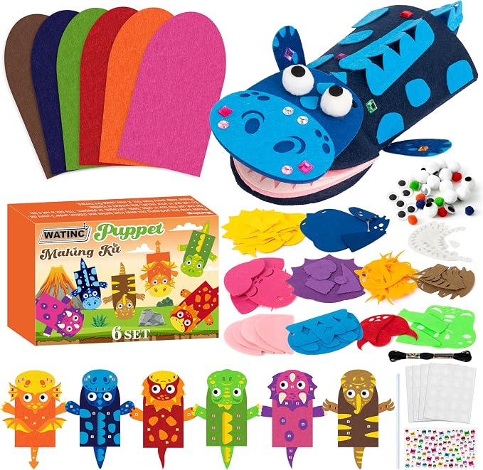WATINC Hand Puppet Making Kit, Felt Sock Puppet Toys for Kids (Dinosaurs A) | 6 Styles, Make Your Own Storytelling & Role Play Crafts, Creative Group Activity, Party Favors & Gifts for Kids Ages 4-8