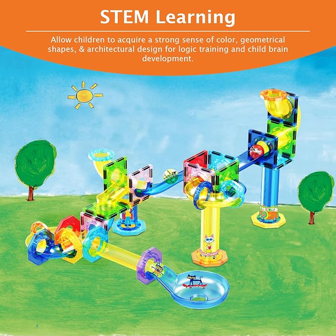PicassoTiles 62pcs Magnetic Tile Pete the Cat Magnetic Marble Run Toy Set with Race Track Tubes Marbles and Stickers STEM Educational Construction Building Blocks for Kids Boys Girls Ages 3 Up PTG03