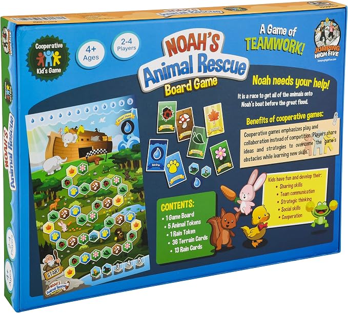 Noah's Animal Rescue Cooperative Bible Board Game for Kids Ages 4 and Up | No reading required, easy to learn. Bible-story theme, kids work together to rescue animals. Perfect for family game night.