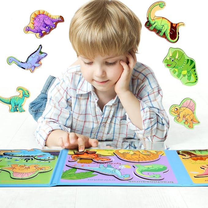 Magnetic Puzzles for Kids Ages 3-5, Travel Toddler Dinosaur Puzzle Toy | Refrigerator Magnet Game for Ages 4-6, Learning & Birthday Gift for Boys, Car & Airplane Road Trip Quiet-Time Activity Toys
