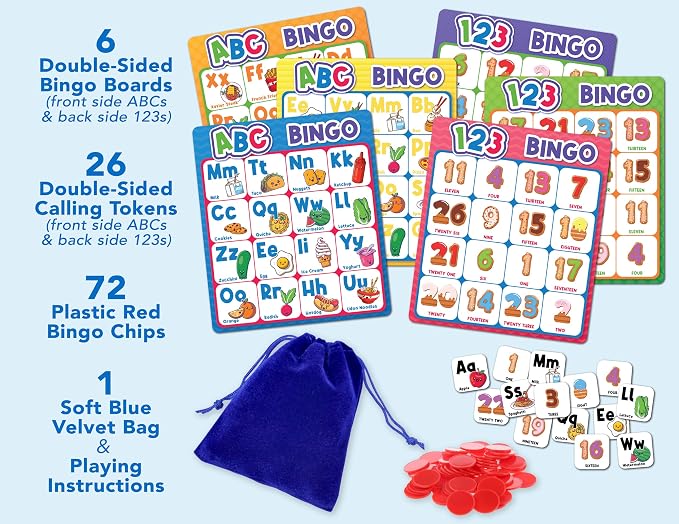 Party Hearty ABC & 123 Bingo Game for Kindergarten & Preschool - Foods | Food Edition, Alphabet and Number, Preschool Kids Learn to Read, Ages 4 and Up